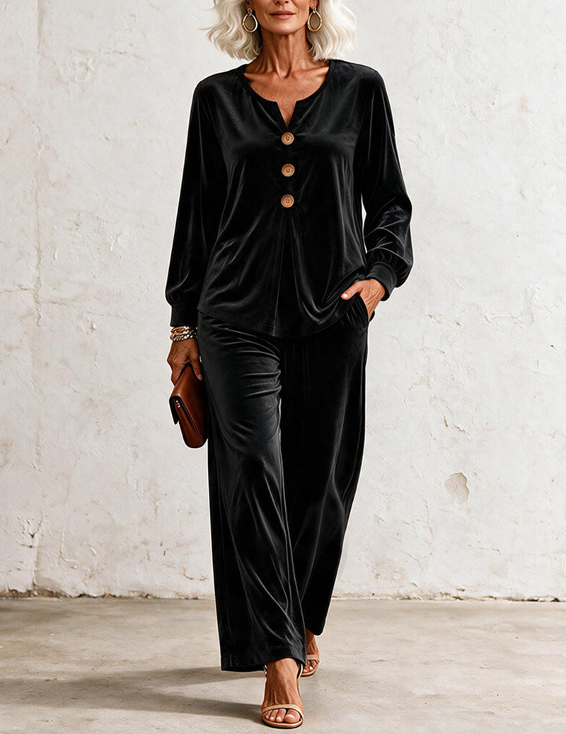 Velvet V-Neck Button Front Top and Wide Leg Pants Two-Piece Set
