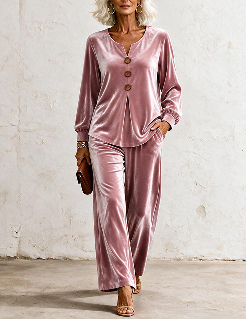 Velvet V-Neck Button Front Top and Wide Leg Pants Two-Piece Set