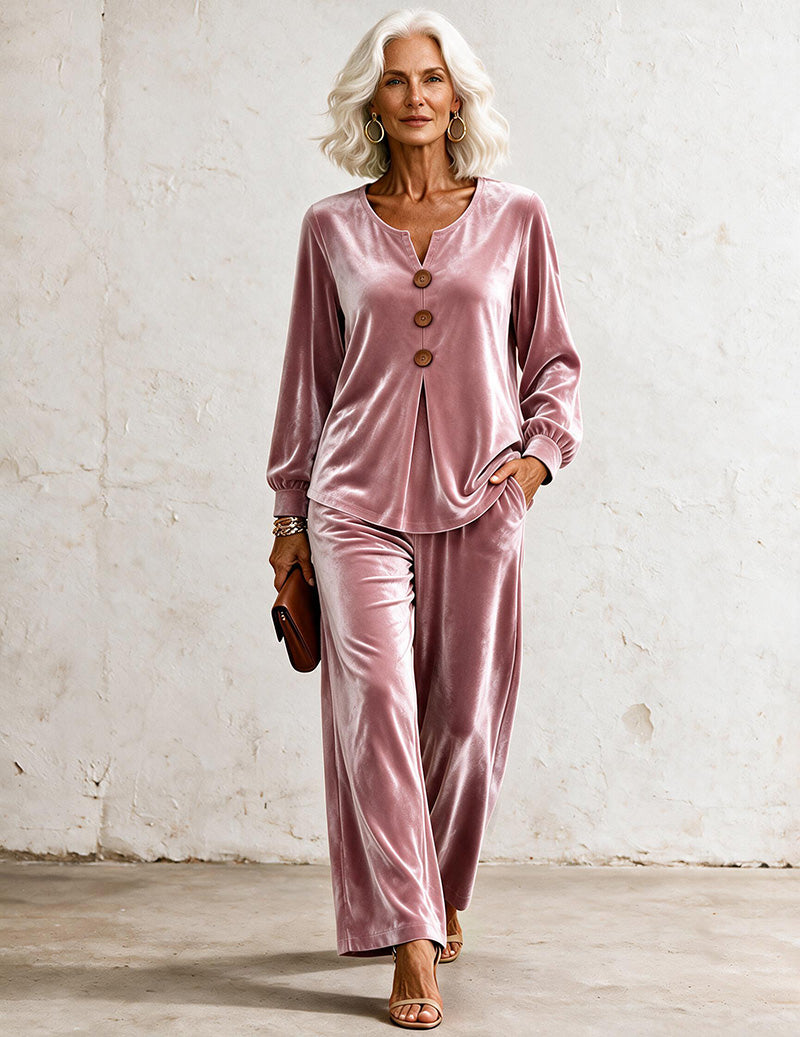 Velvet V-Neck Button Front Top and Wide Leg Pants Two-Piece Set