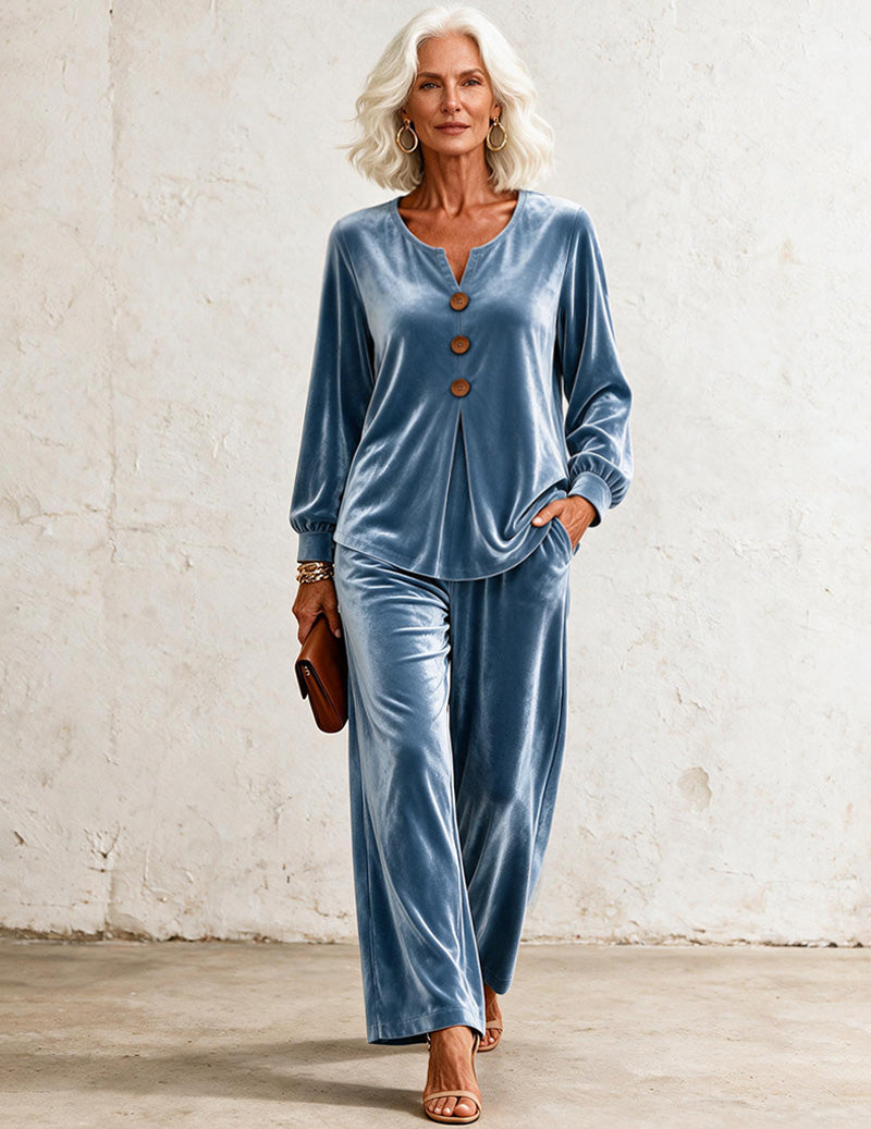 Velvet V-Neck Button Front Top and Wide Leg Pants Two-Piece Set