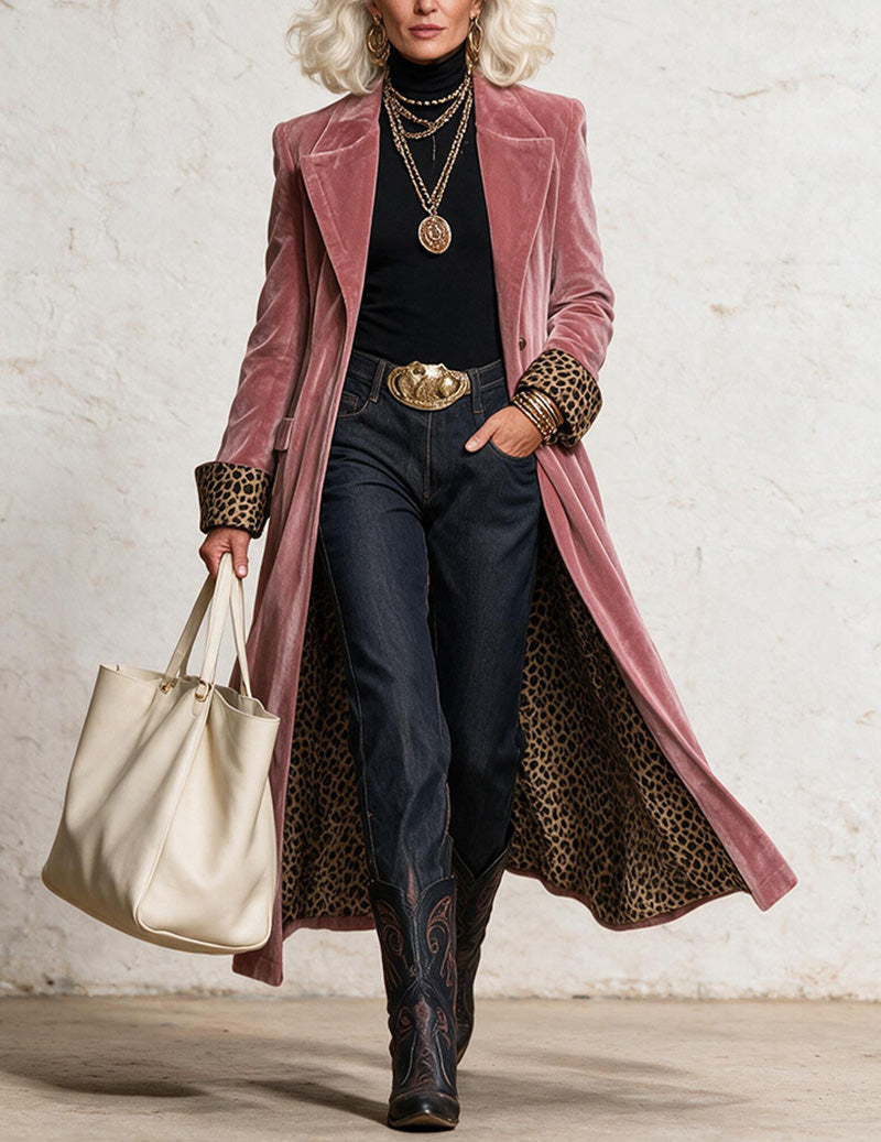 Velvet Contrast Trim Leopard Lined Long Blazer Coat