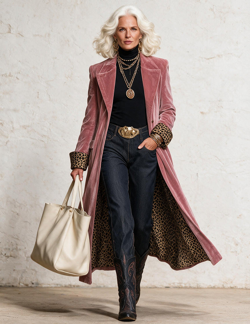 Velvet Contrast Trim Leopard Lined Long Blazer Coat