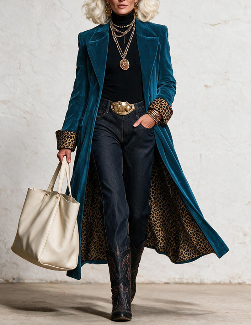 Velvet Contrast Trim Leopard Lined Long Blazer Coat