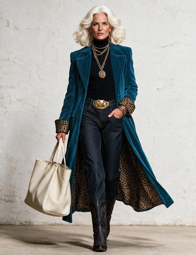 Velvet Contrast Trim Leopard Lined Long Blazer Coat