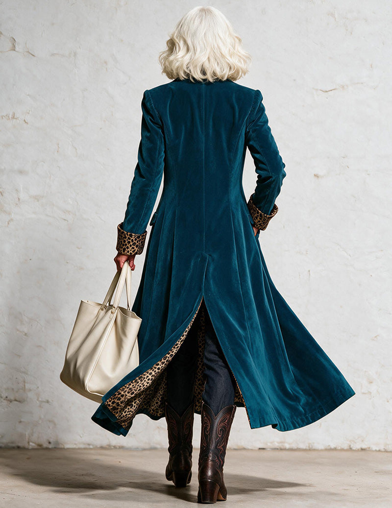 Velvet Contrast Trim Leopard Lined Long Blazer Coat
