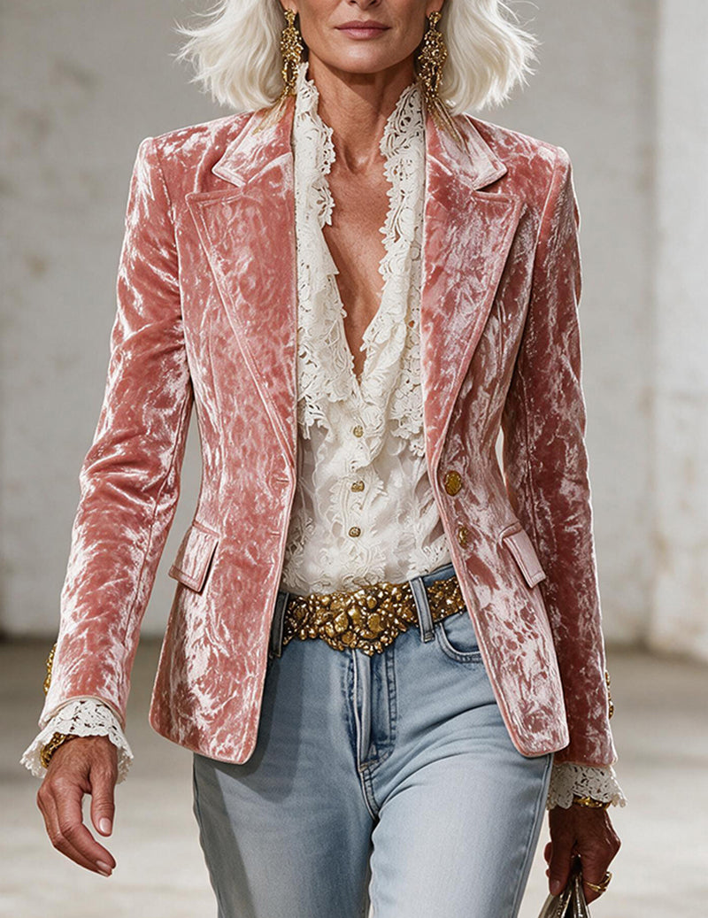 Velvet Notch Collar Single Button Cropped Blazer