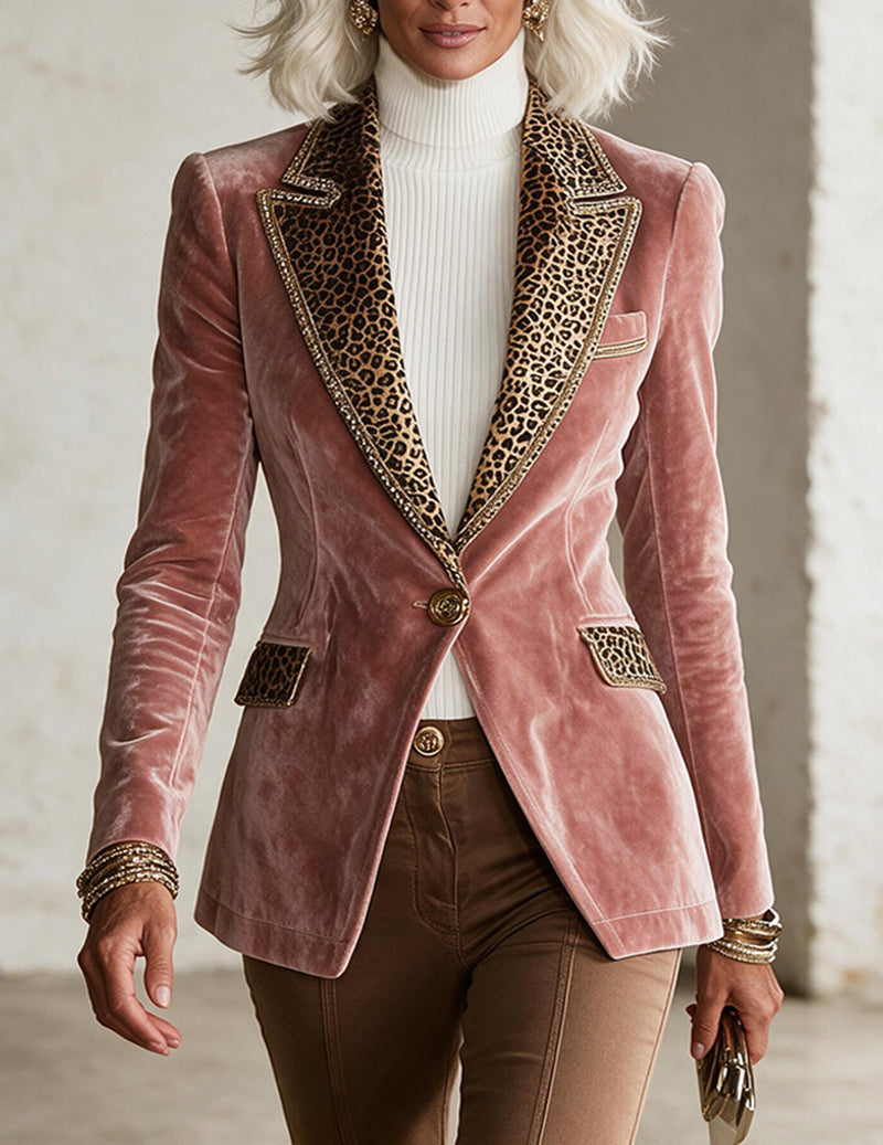 Velvet Contrast Trim Lace Detail Long Sleeve Blazer