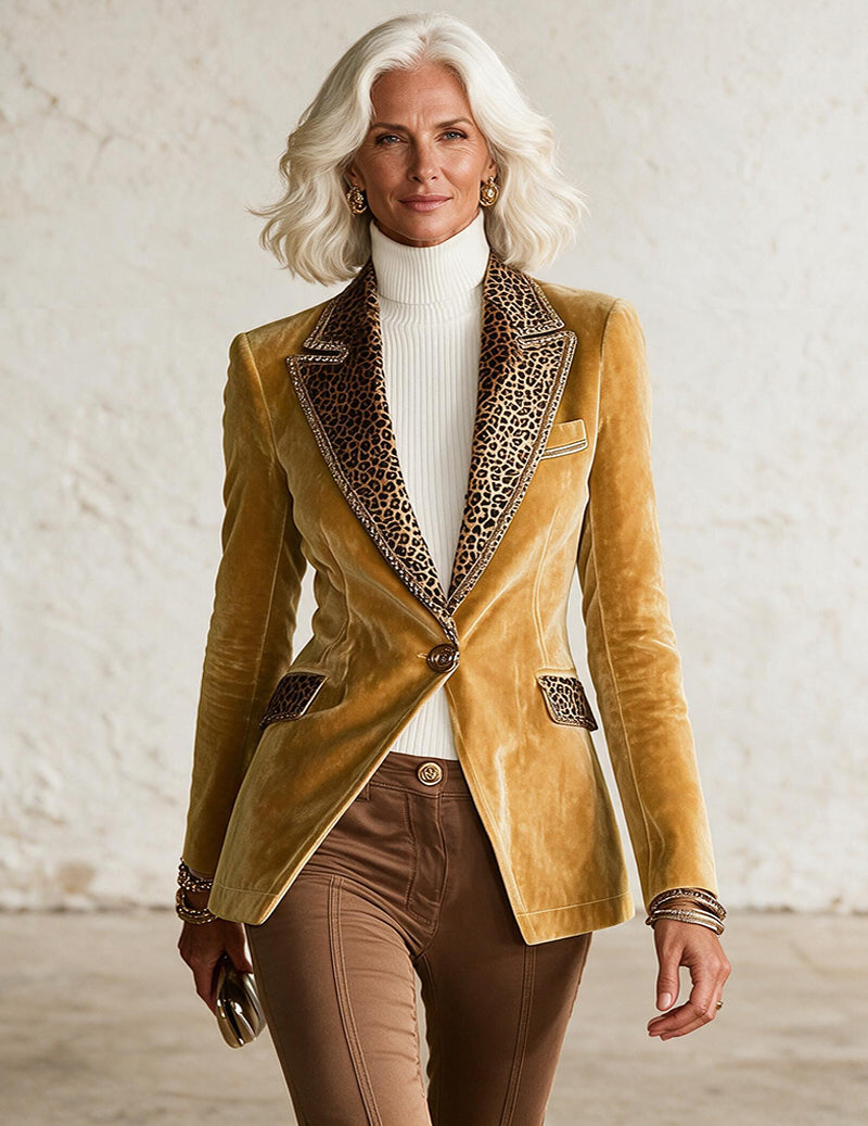 Velvet Contrast Trim Lace Detail Long Sleeve Blazer