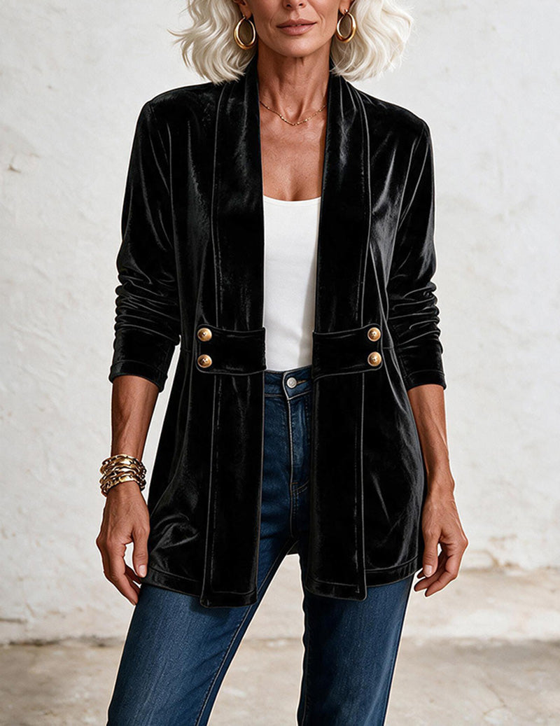 Velvet Double Breasted Open Front Mid-Length Cardigan