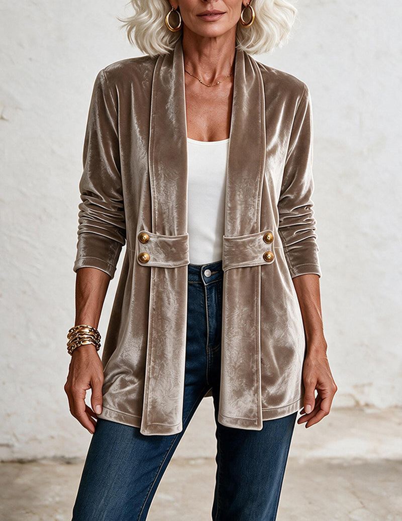Velvet Double Breasted Open Front Mid-Length Cardigan