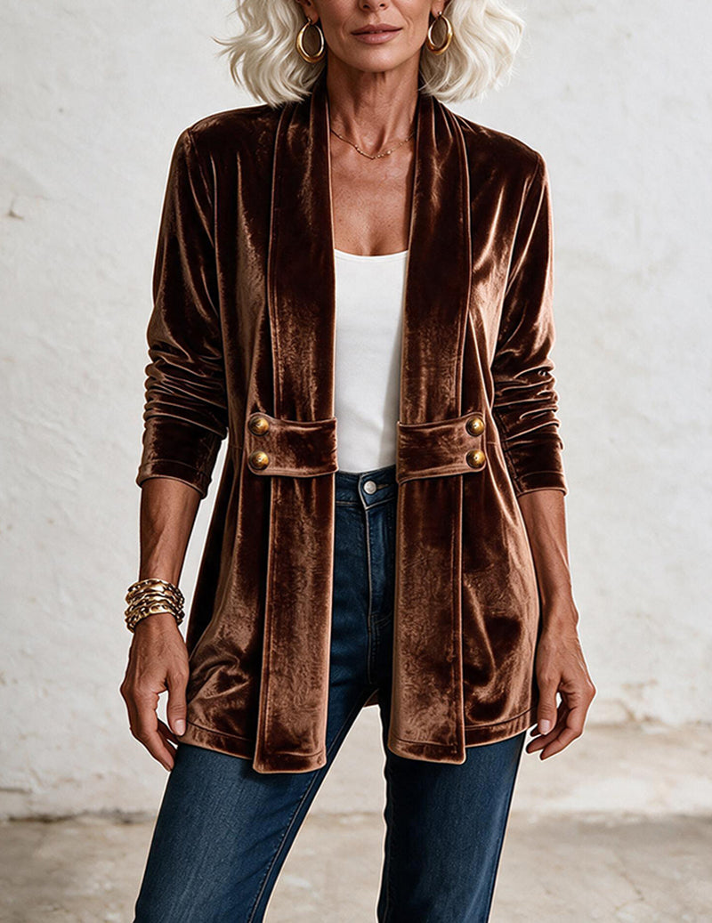 Velvet Double Breasted Open Front Mid-Length Cardigan