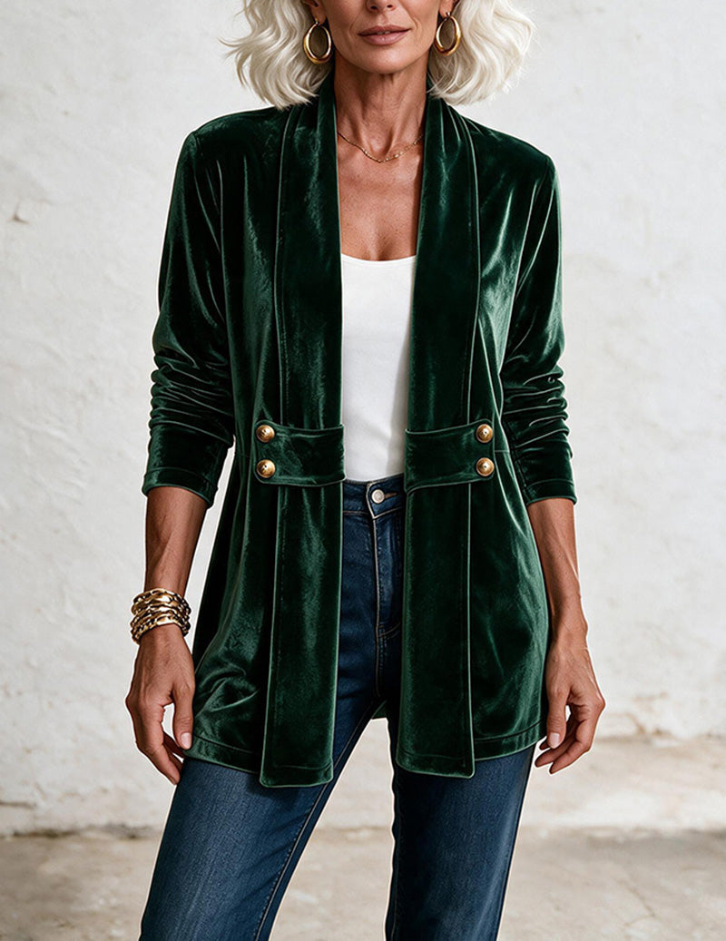 Velvet Double Breasted Open Front Mid-Length Cardigan