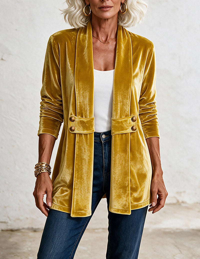 Velvet Double Breasted Open Front Mid-Length Cardigan