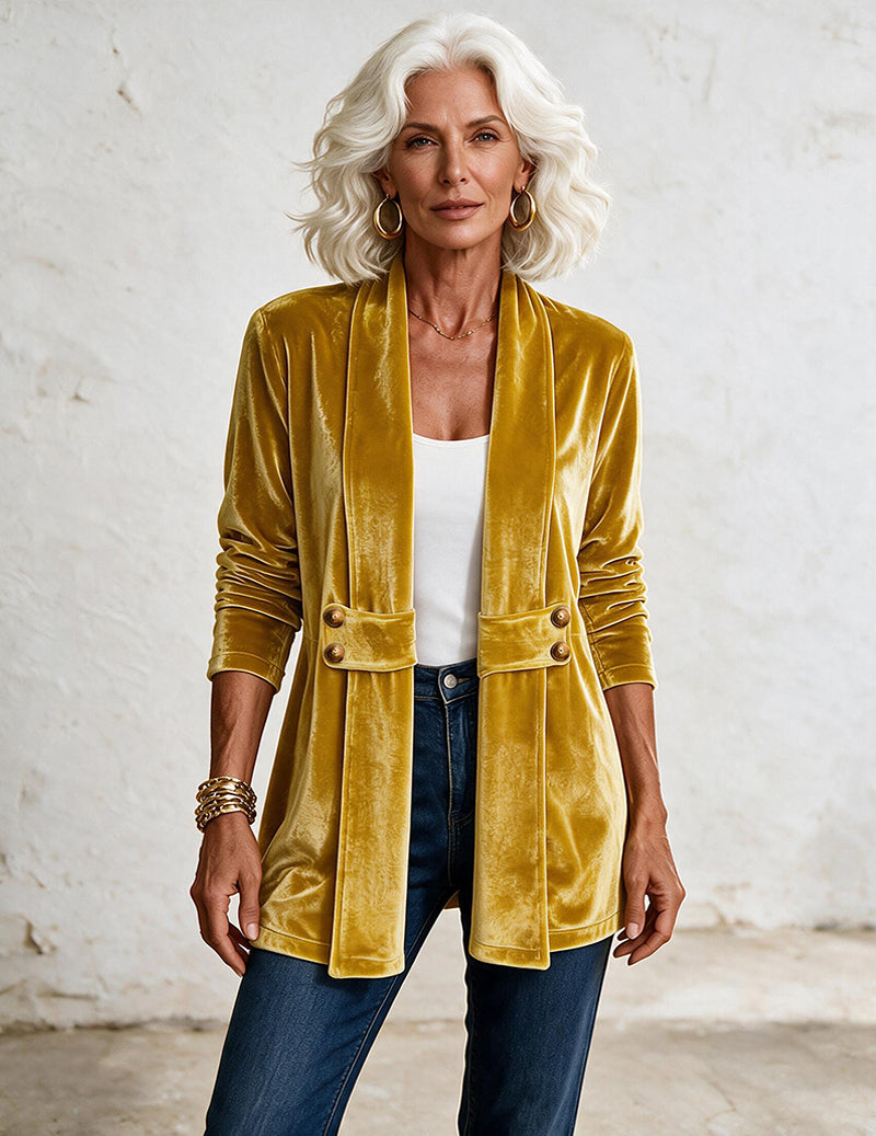 Velvet Double Breasted Open Front Mid-Length Cardigan