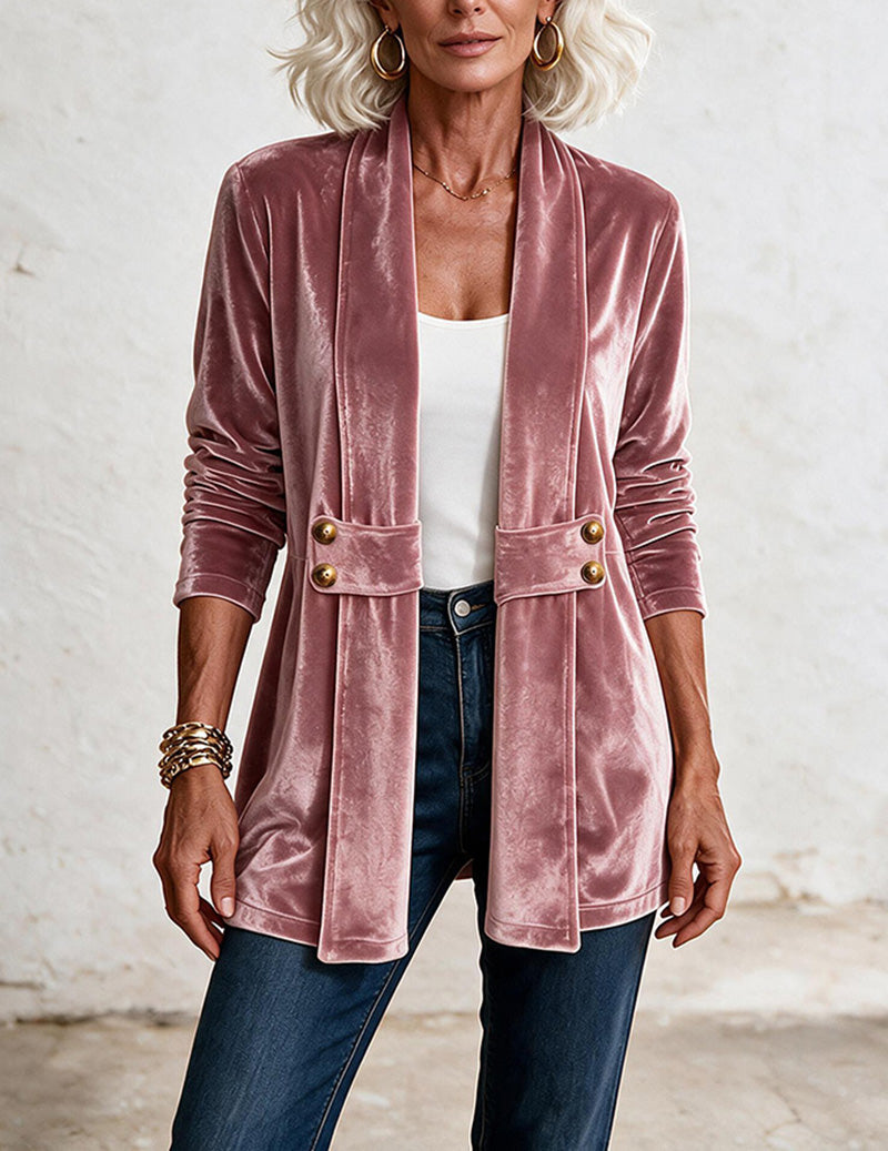 Velvet Double Breasted Open Front Mid-Length Cardigan