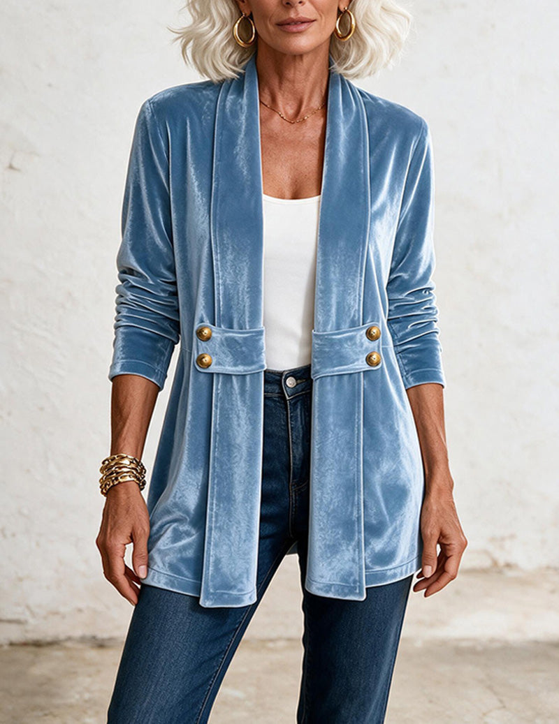 Velvet Double Breasted Open Front Mid-Length Cardigan