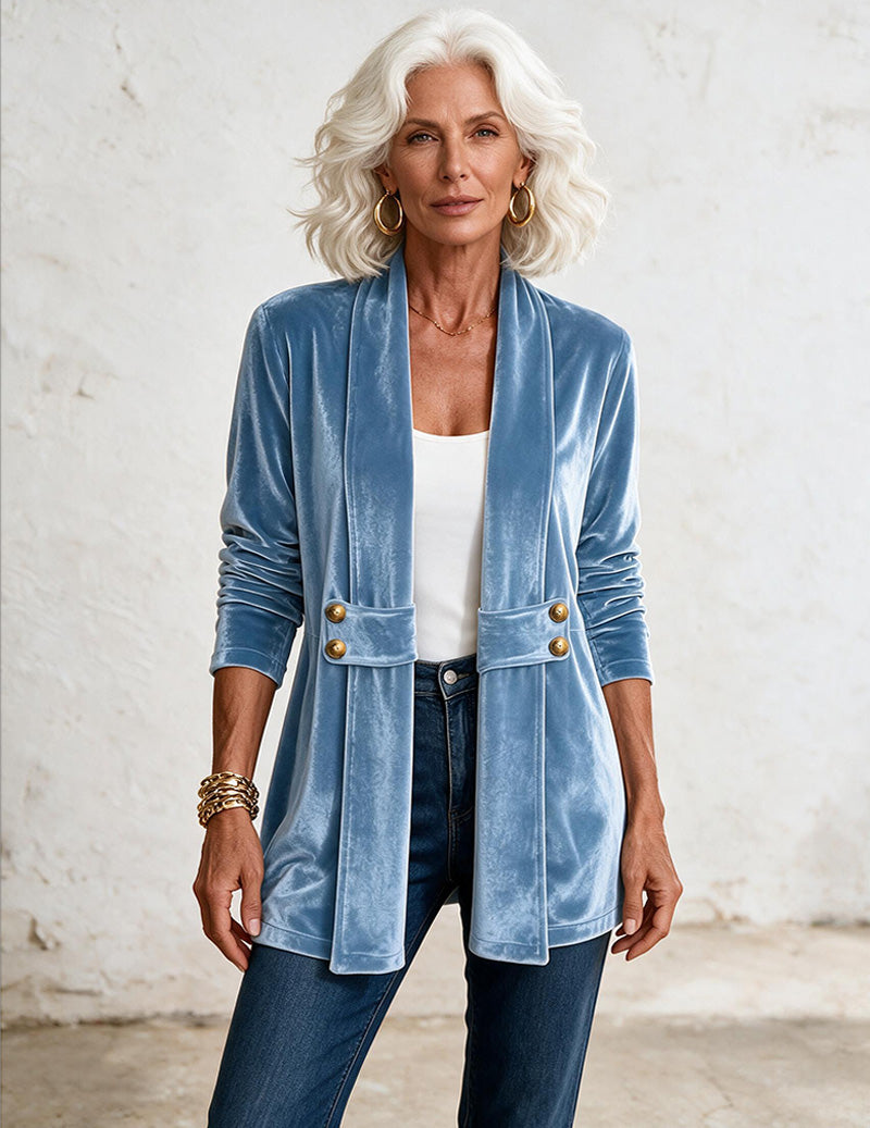 Velvet Double Breasted Open Front Mid-Length Cardigan