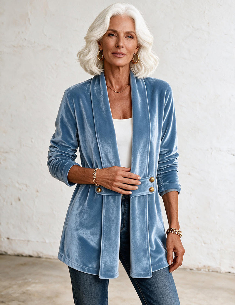 Velvet Double Breasted Open Front Mid-Length Cardigan