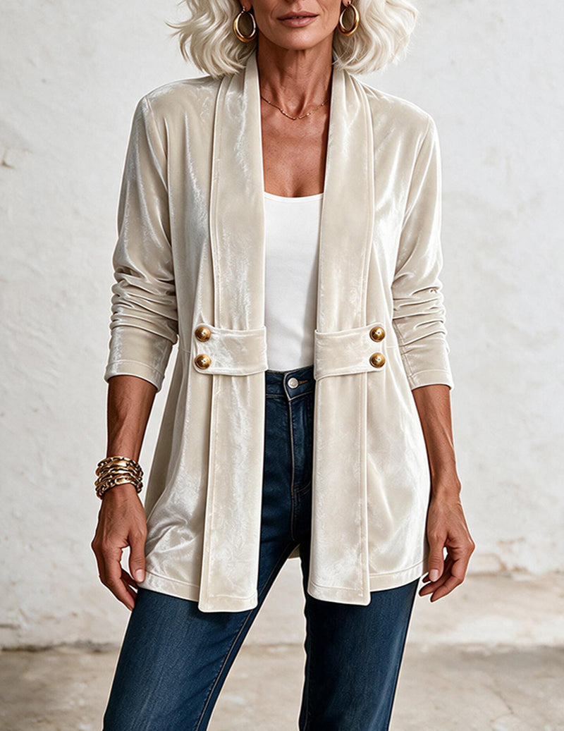 Velvet Double Breasted Open Front Mid-Length Cardigan