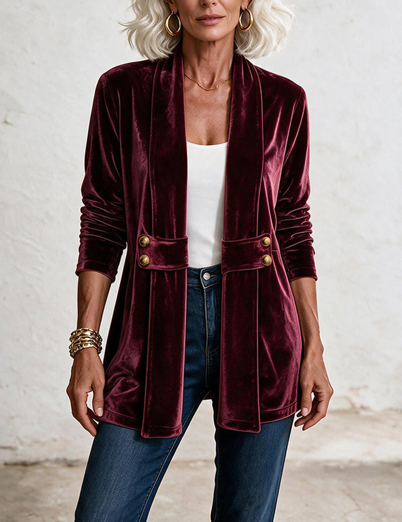 Velvet Double Breasted Open Front Mid-Length Cardigan