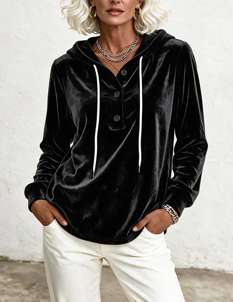 Velvet Hooded Drawstring Button Placket Sweatshirt