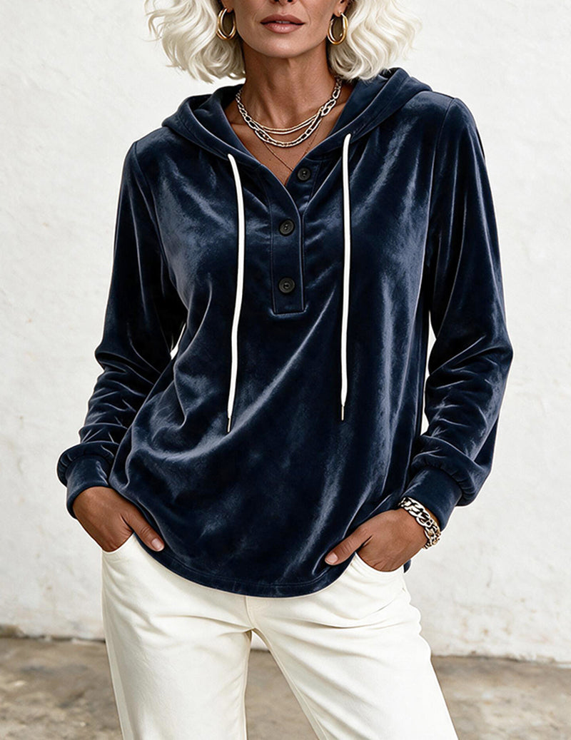 Velvet Hooded Drawstring Button Placket Sweatshirt