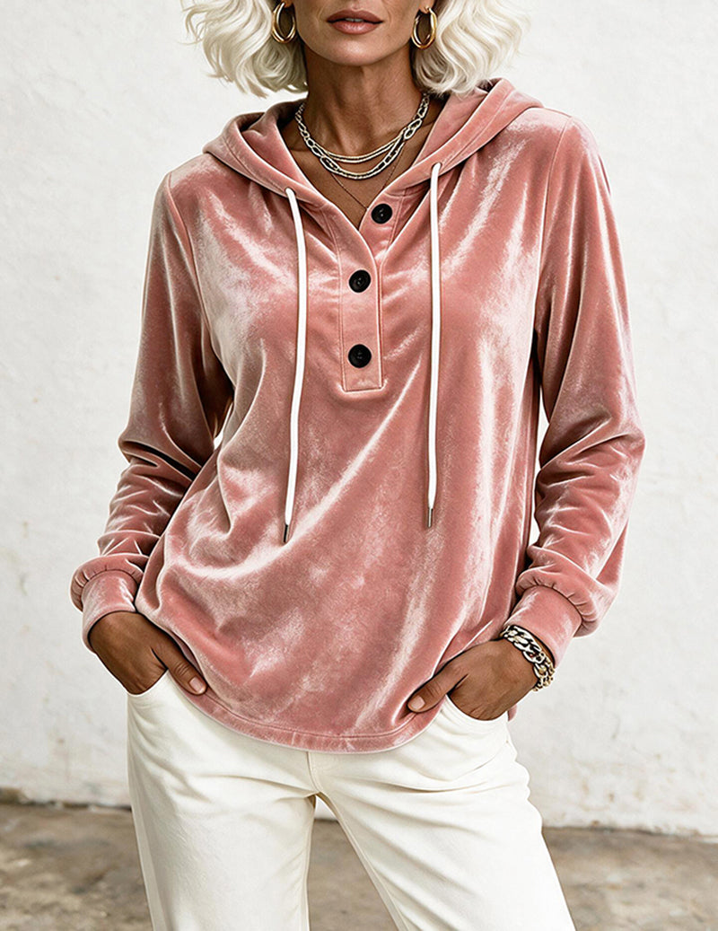 Velvet Hooded Drawstring Button Placket Sweatshirt
