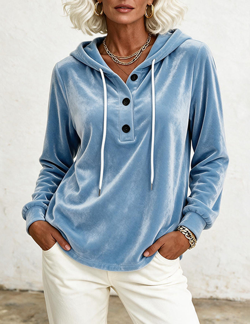 Velvet Hooded Drawstring Button Placket Sweatshirt