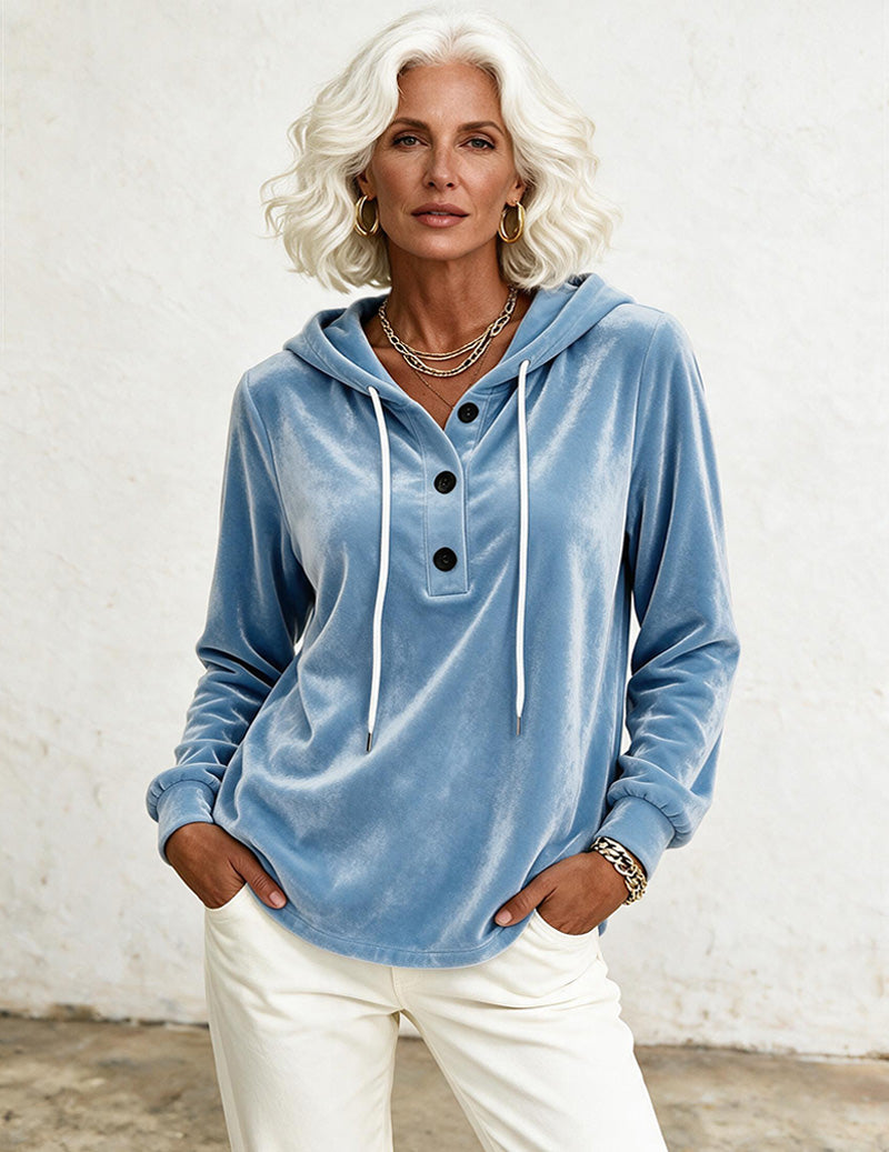Velvet Hooded Drawstring Button Placket Sweatshirt