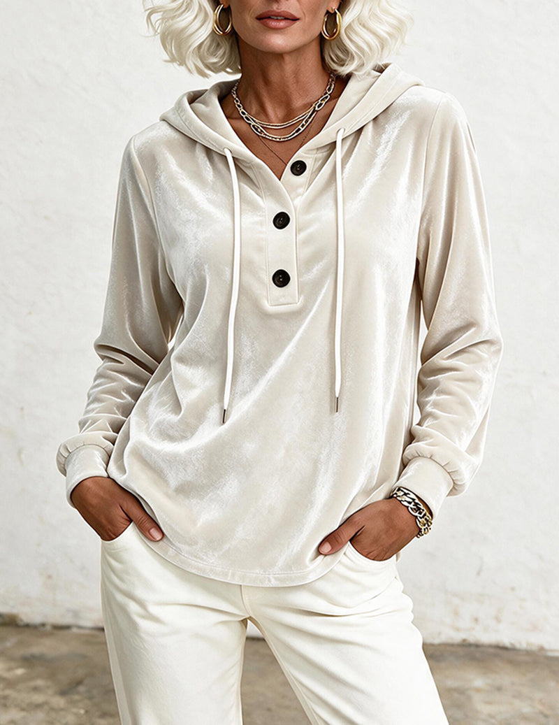 Velvet Hooded Drawstring Button Placket Sweatshirt