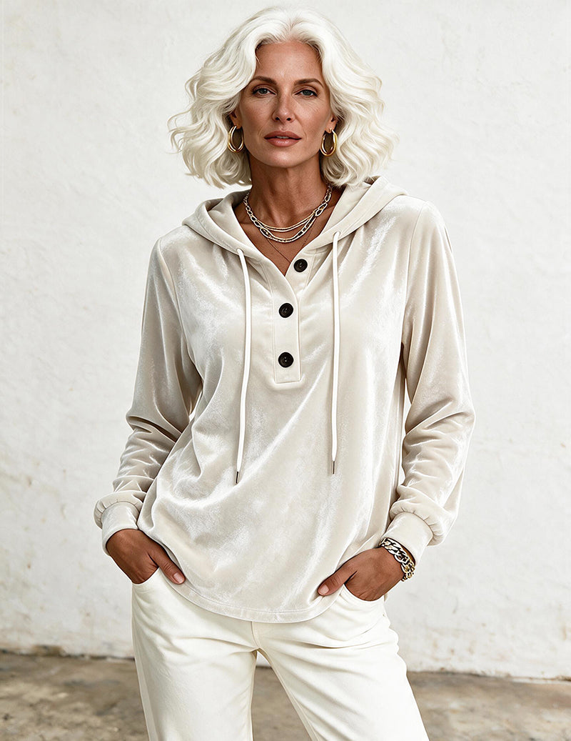 Velvet Hooded Drawstring Button Placket Sweatshirt