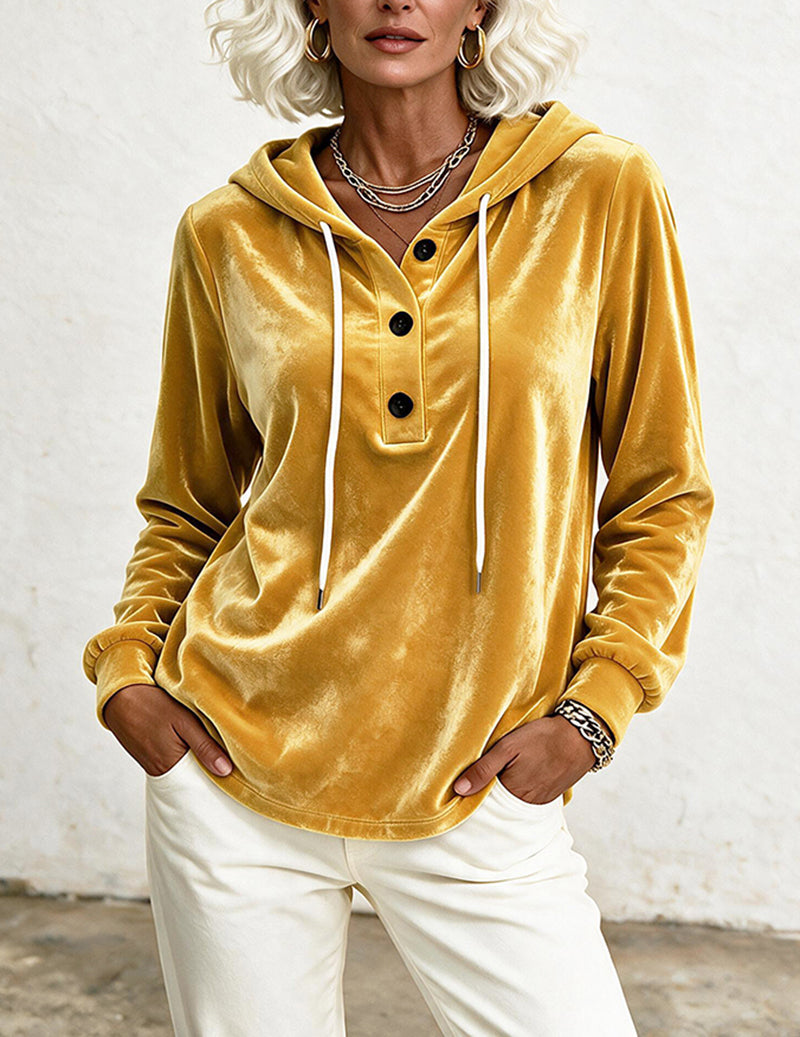 Velvet Hooded Drawstring Button Placket Sweatshirt