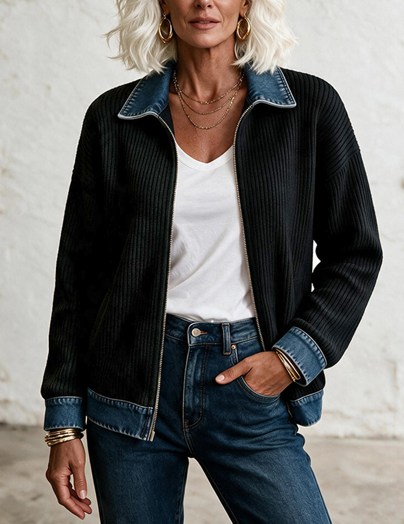 Knit Denim Contrast Zip Front Shirt Jacket