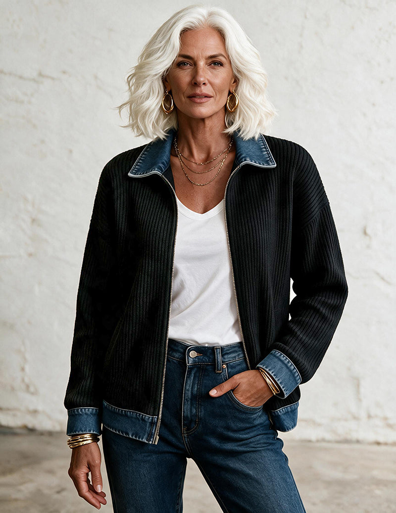 Knit Denim Contrast Zip Front Shirt Jacket