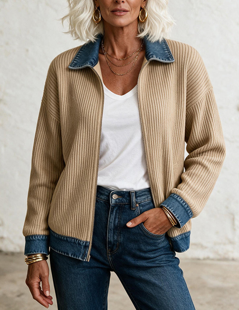Knit Denim Contrast Zip Front Shirt Jacket