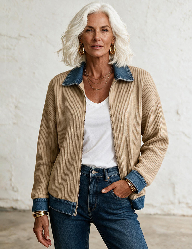Knit Denim Contrast Zip Front Shirt Jacket