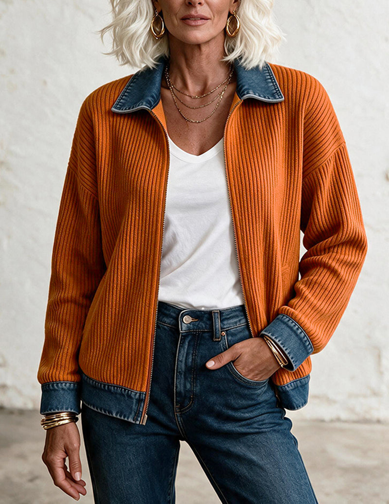 Knit Denim Contrast Zip Front Shirt Jacket