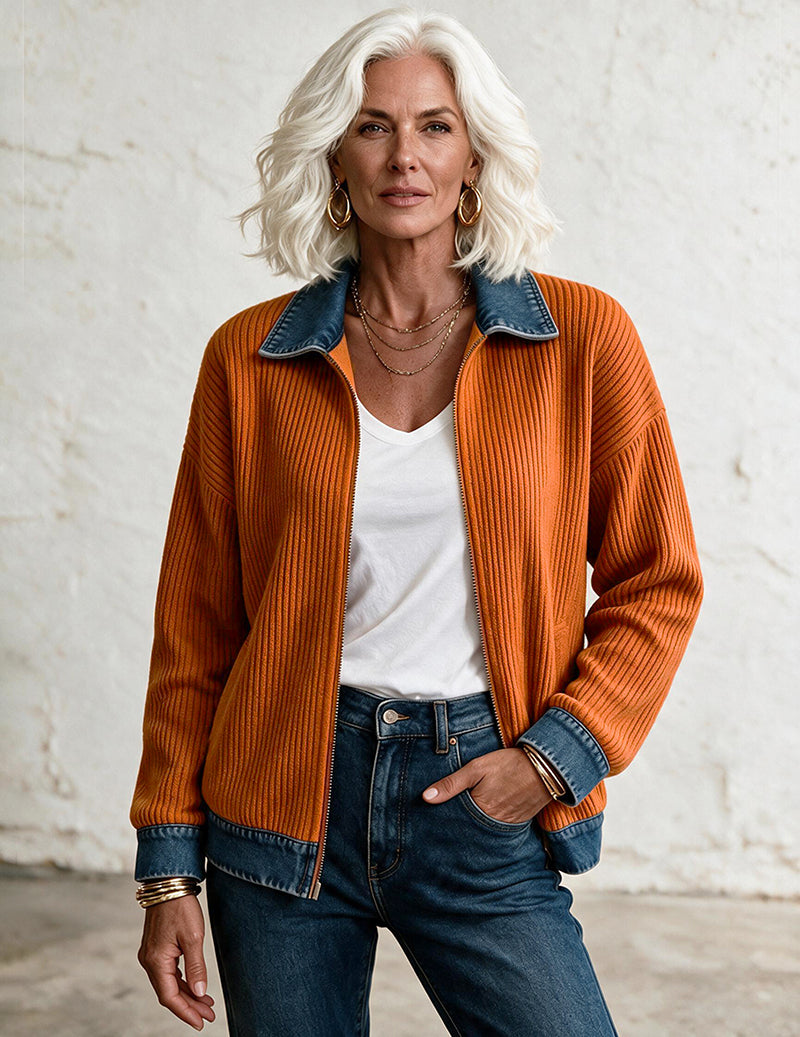 Knit Denim Contrast Zip Front Shirt Jacket