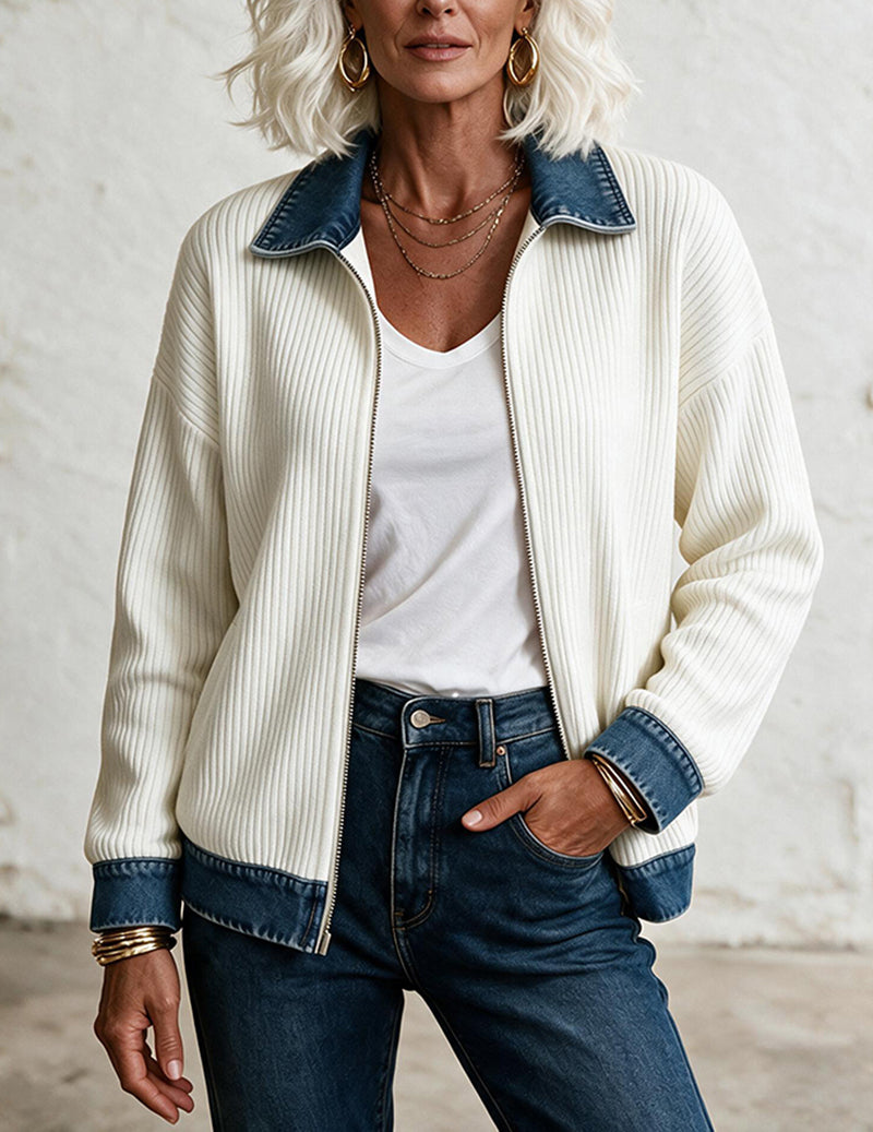 Knit Denim Contrast Zip Front Shirt Jacket