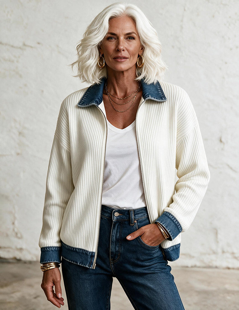 Knit Denim Contrast Zip Front Shirt Jacket