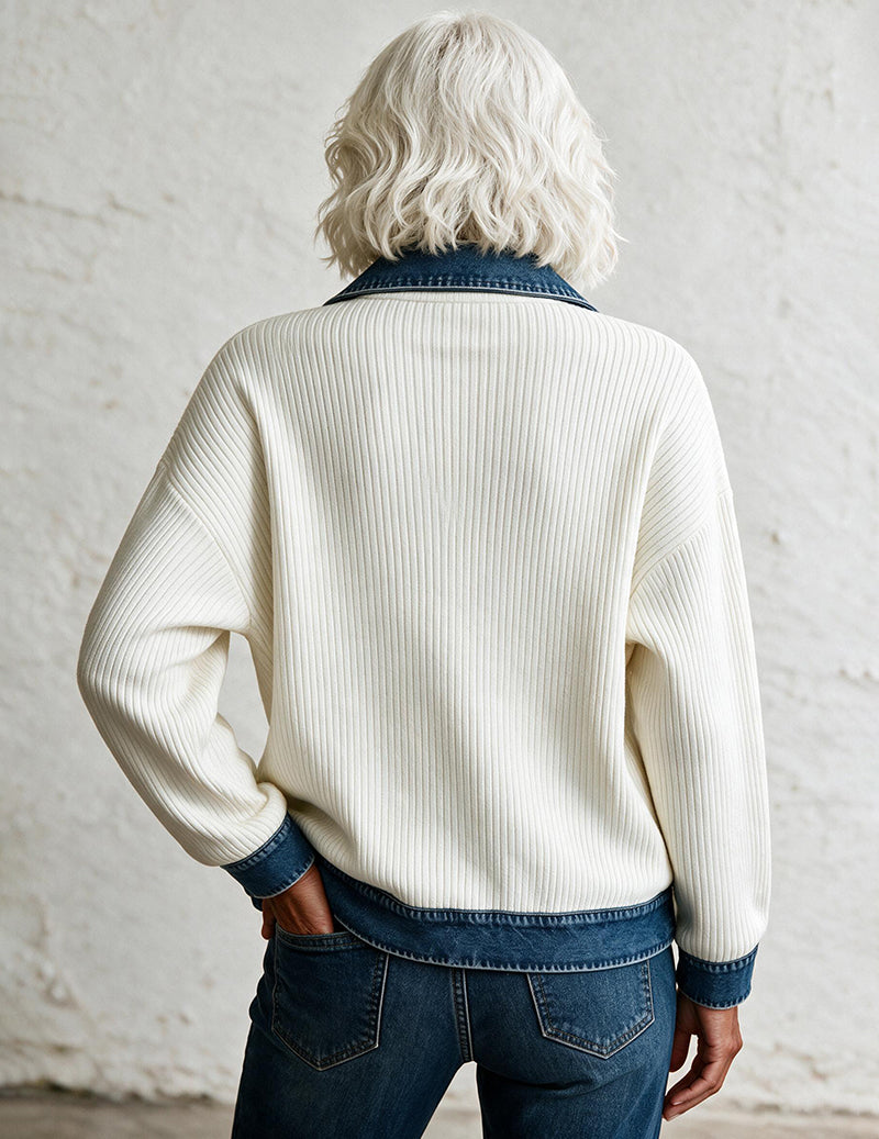 Knit Denim Contrast Zip Front Shirt Jacket