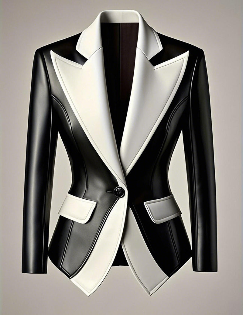 Faux Leather Contrast Lapel Single Button Moto Blazer