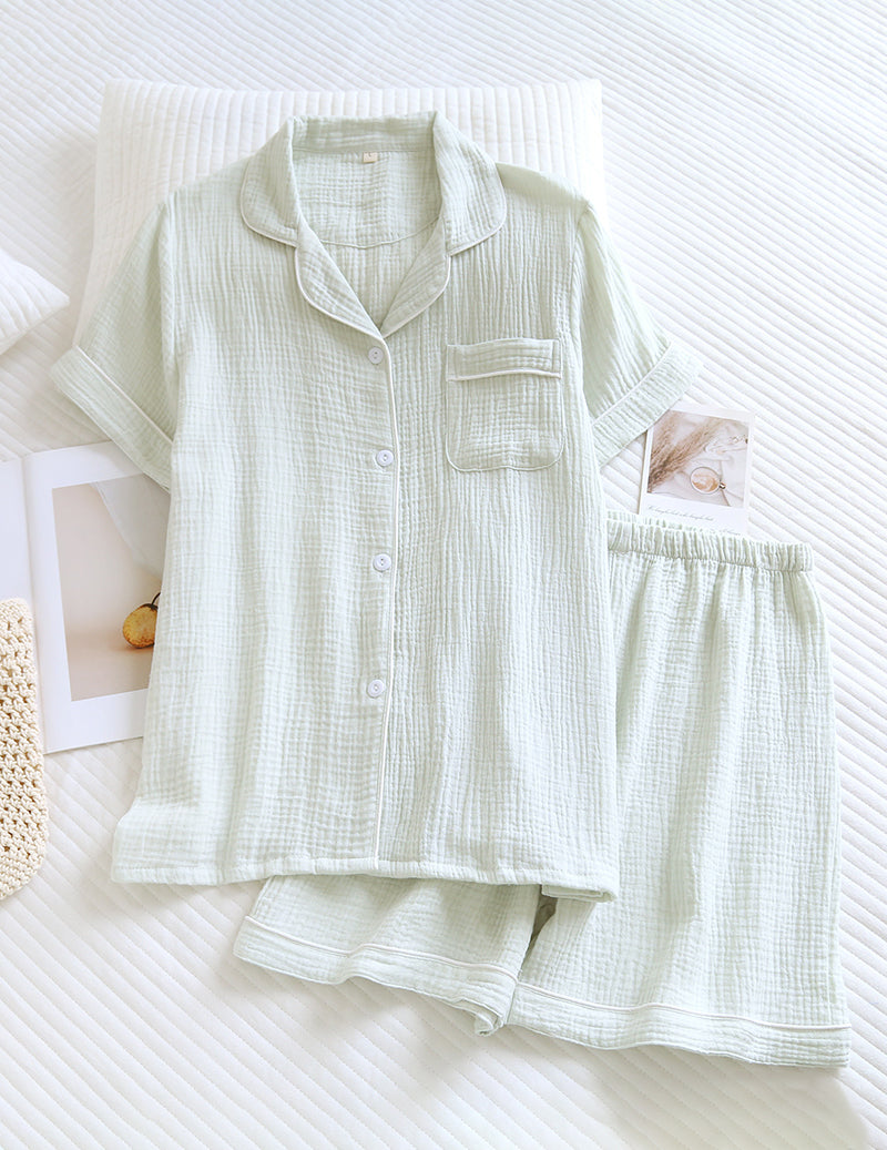 Cotton Gauze Short Sleeve Notch Collar Pajama Set