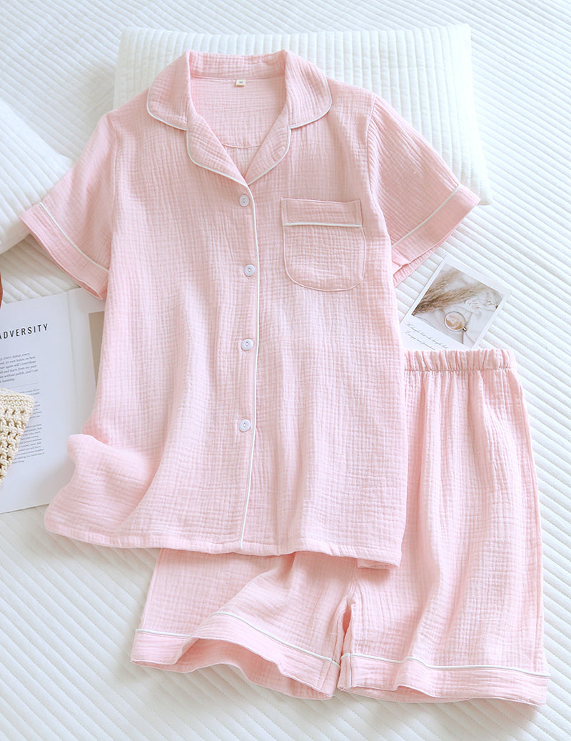 Cotton Gauze Short Sleeve Notch Collar Pajama Set