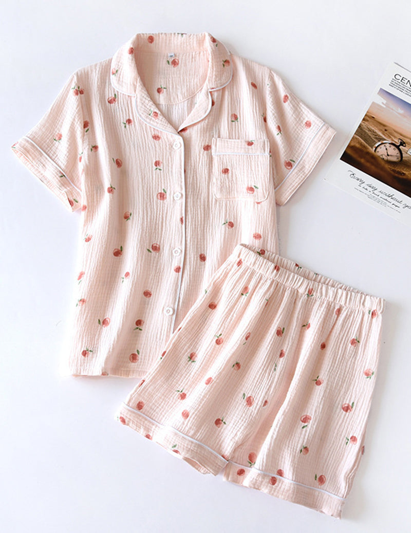 Cotton Gauze Short Sleeve Notch Collar Pajama Set