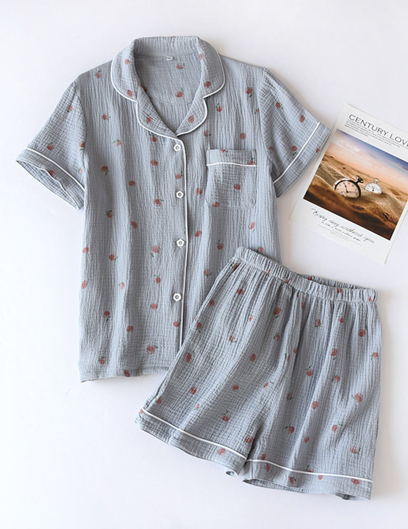 Cotton Gauze Short Sleeve Notch Collar Pajama Set