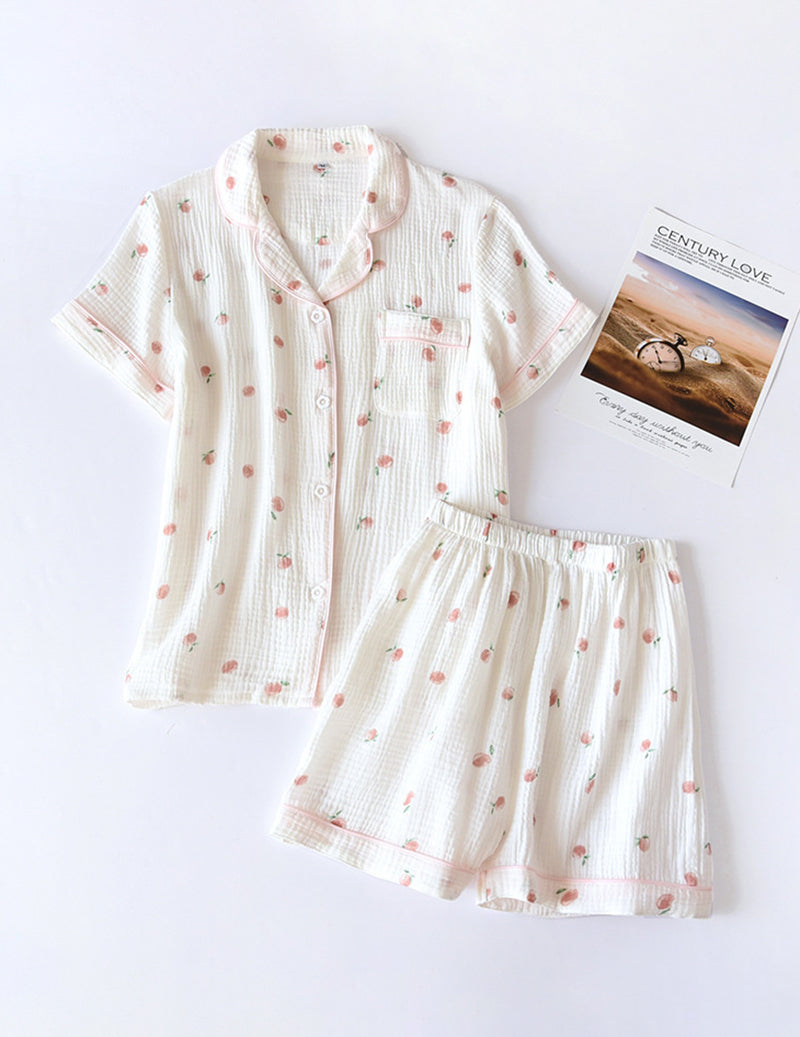 Cotton Gauze Short Sleeve Notch Collar Pajama Set