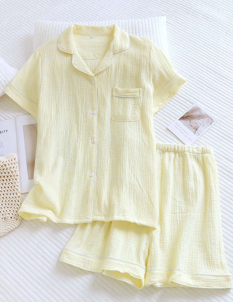 Cotton Gauze Short Sleeve Notch Collar Pajama Set