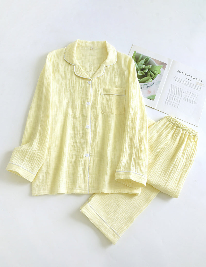 Cotton Gauze Long Sleeve Notch Collar Pajama Set