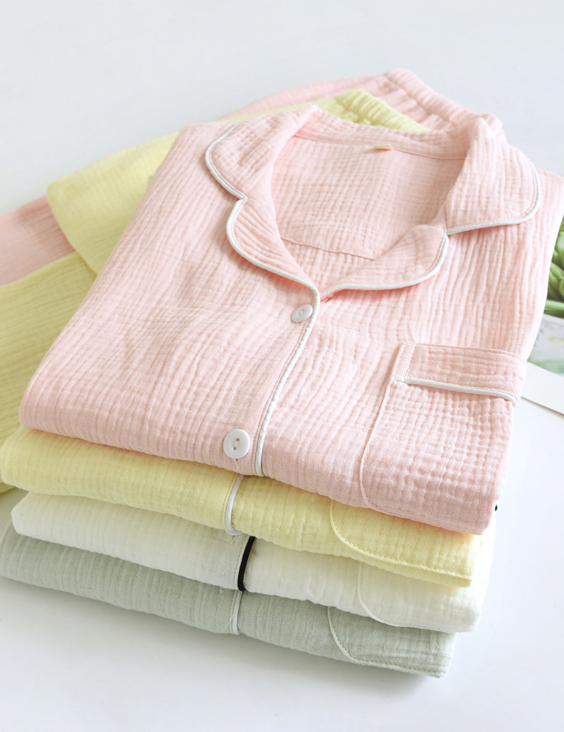 Cotton Gauze Long Sleeve Notch Collar Pajama Set